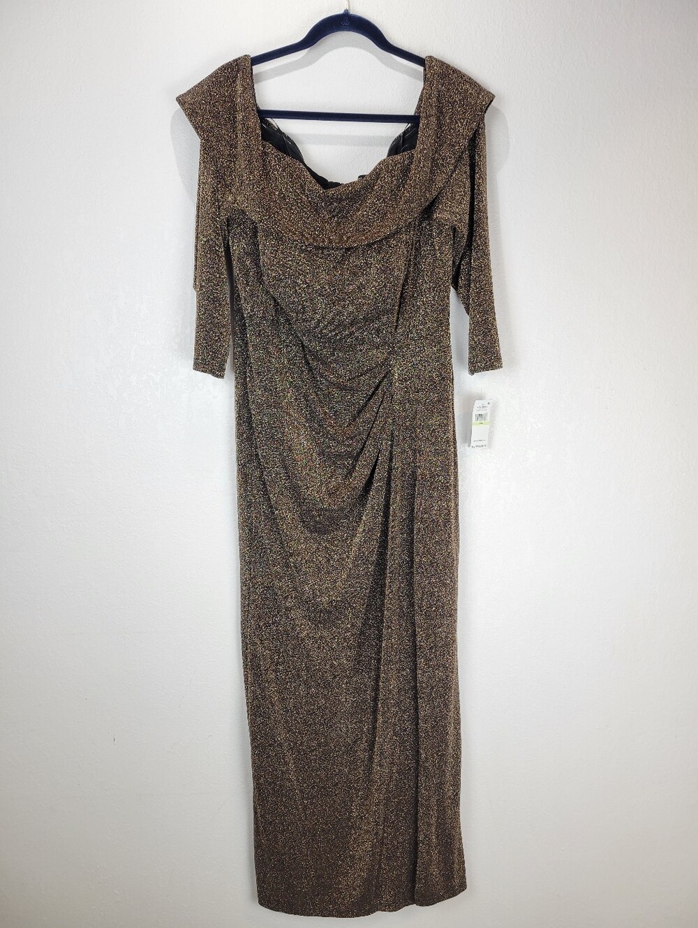 NWT Alex Evenings Black Copper Metallic Knit Off The Shoulder Dress Size 18W